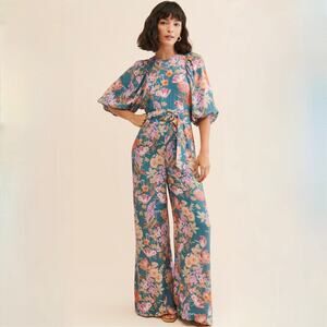 Anthropologie Kachel Floral Balloon Sleeve Jumpsuit - Blue Green - Size 0